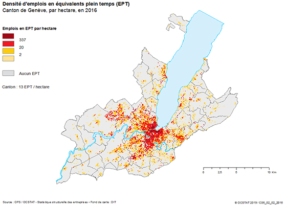 Carte Densit d'emplois en quivalents plein temps (EPT) Canton de Genve, par hectare, en 2016